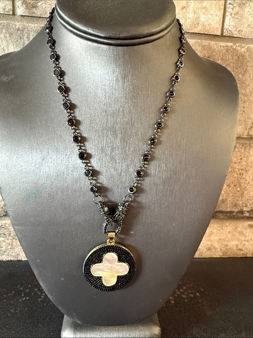 Freida Rothman Black Beaded Lumi Necklace with Mother of Pearl Cross Accent